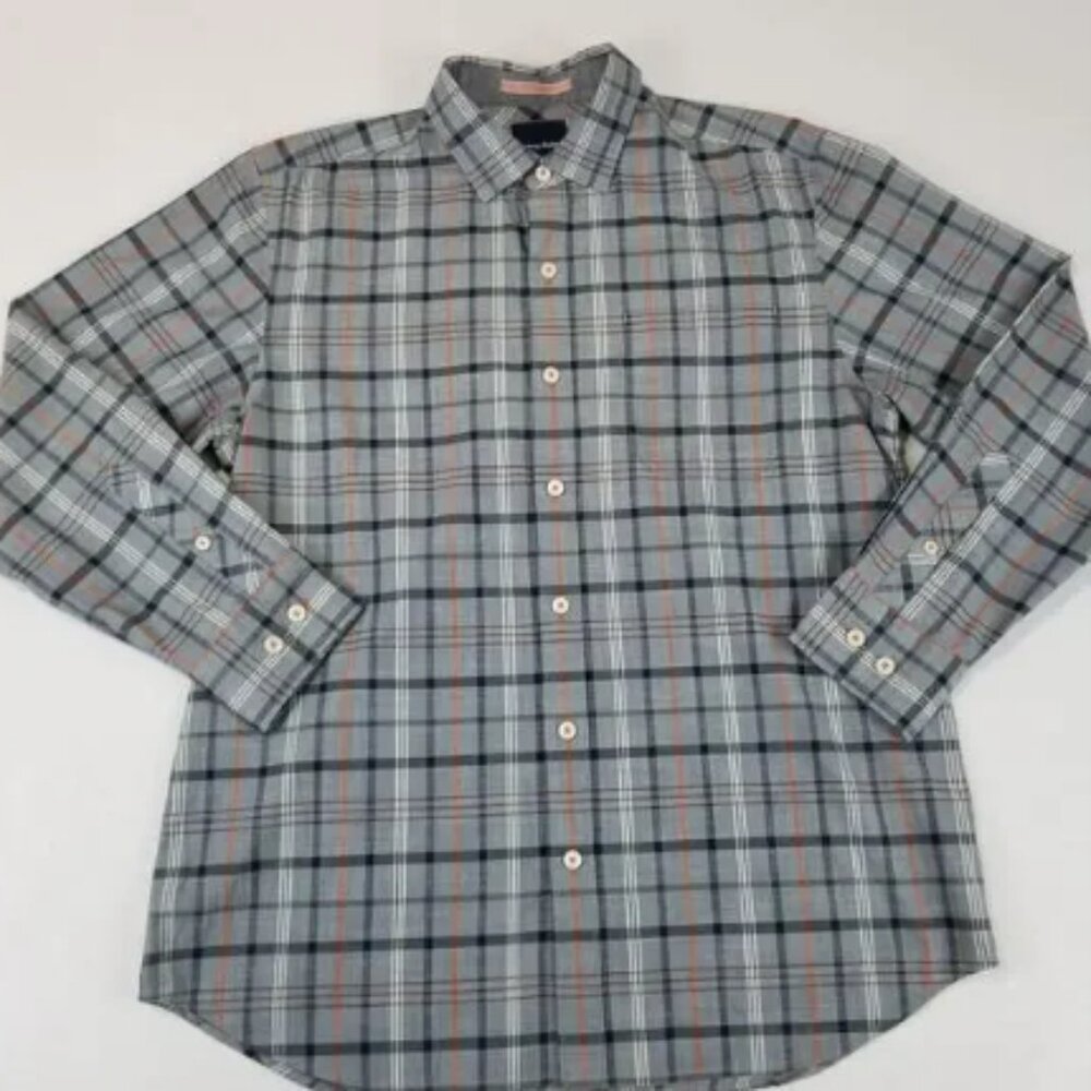 Tommy Bahama Shirt Mens Medium Plaid Button Up Casual Gray Blue Orange